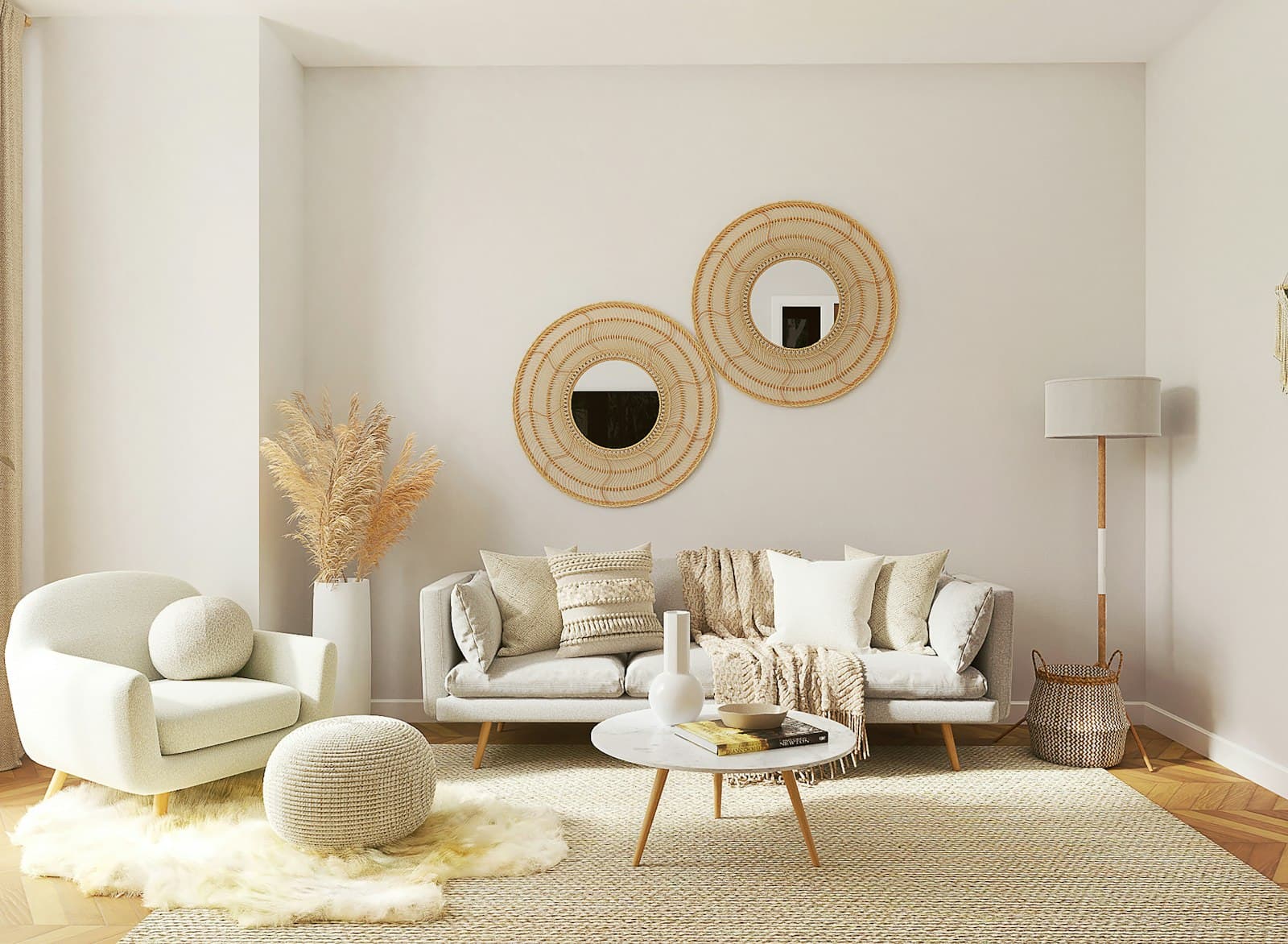 Warm, minimal living space with natural textures and soft neutral furnishings